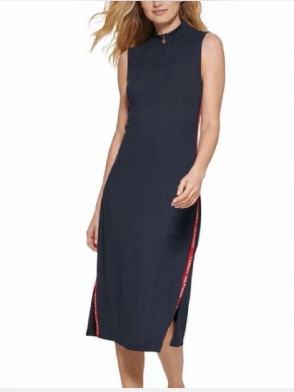 Tommy Hilfiger Navy Sleeveless Midi Dress with Red Side Stripe